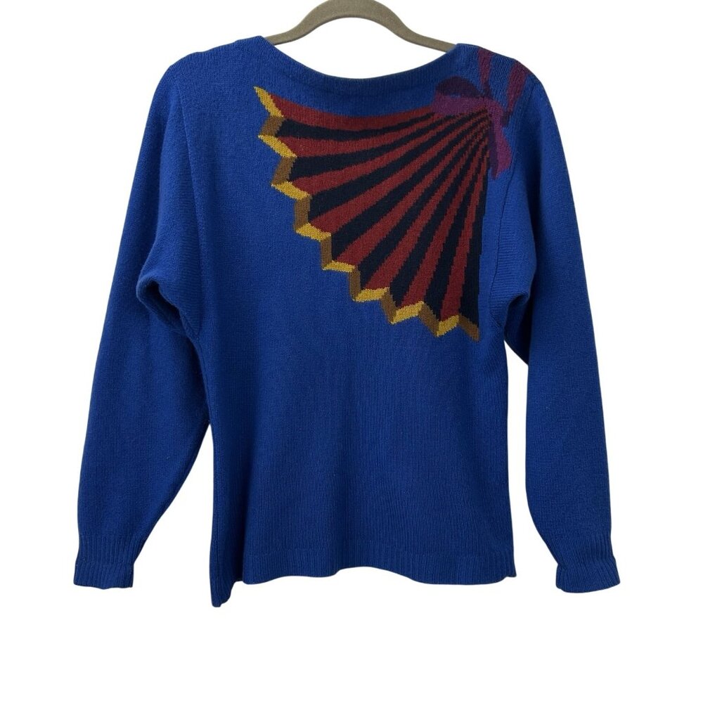 VTG Perry Ellis Women XS Spring 1986 Chinese Fan Blue Cashmere Intarsia Sweater